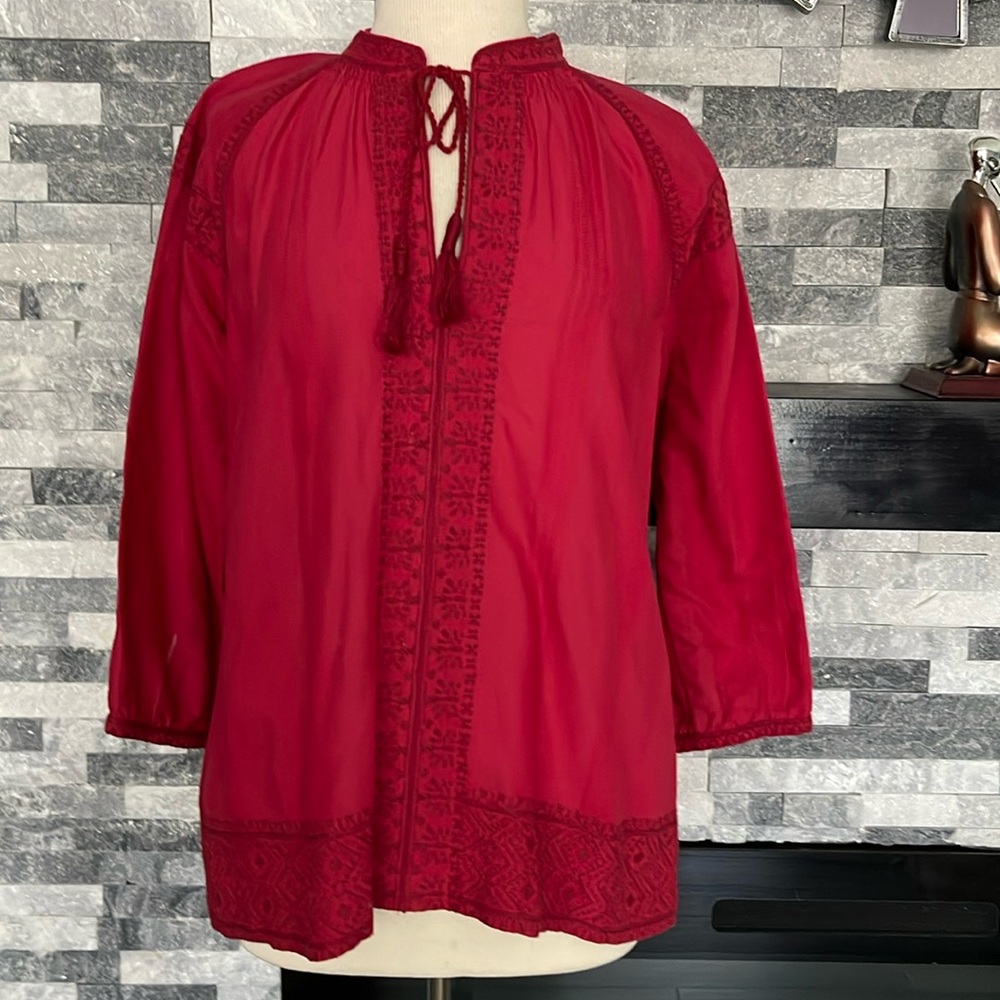 Madewell Women's Sz S Red Embroidered 3/4 Sleeve Tussle Tie Blouse Top